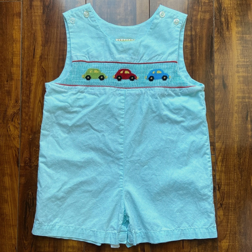 Le Za Me Blue Gingham Smocked Cars Jon Jon 12m